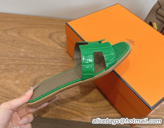 Low Cost Hermes Oran Classic Flat Slides Sandal in Crocodile Embossed Leather Green 0304080