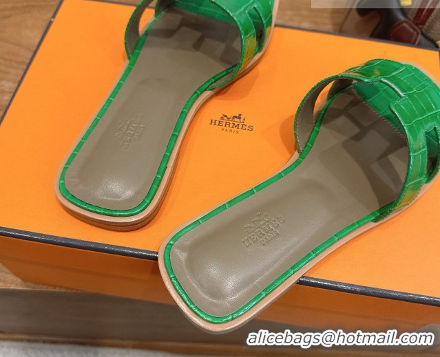 Low Cost Hermes Oran Classic Flat Slides Sandal in Crocodile Embossed Leather Green 0304080