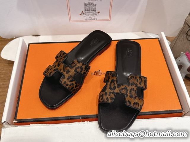 Good Quality Hermes Oran Classic Flat Slides Sandal in Leopard Print 0304083