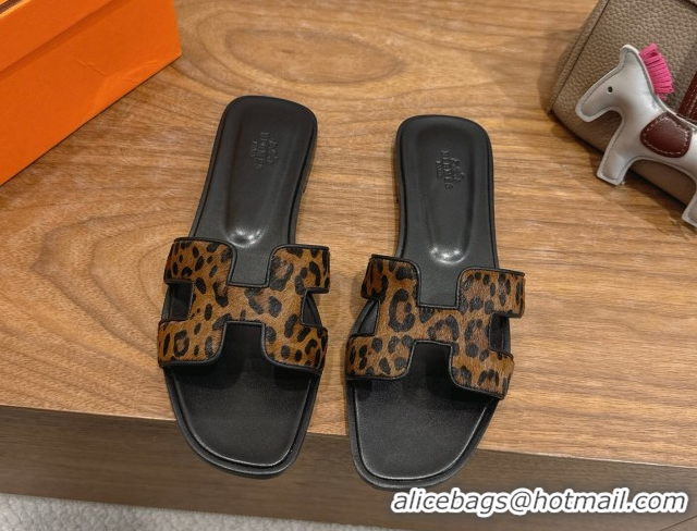 Good Quality Hermes Oran Classic Flat Slides Sandal in Leopard Print 0304083