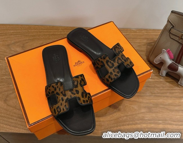 Good Quality Hermes Oran Classic Flat Slides Sandal in Leopard Print 0304083