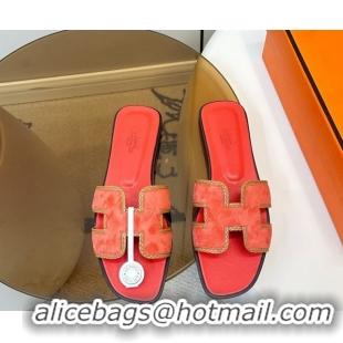 Popular Style Hermes Oran Classic Flat Slides Sandal in Suede with Braided Trim Orange 0304084