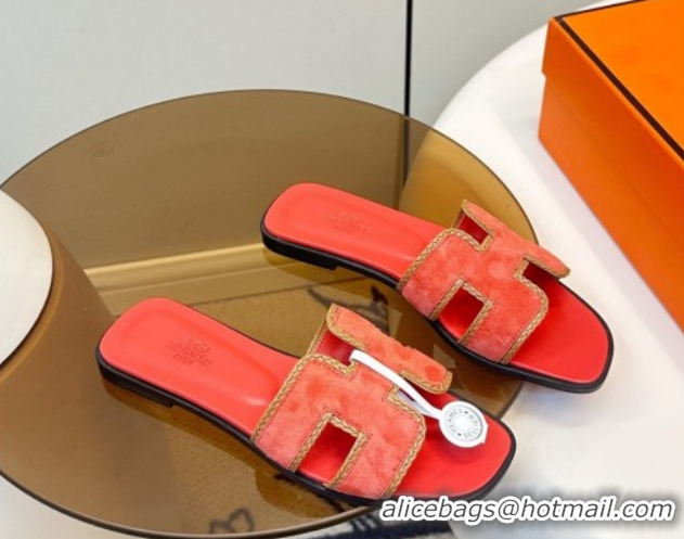 Popular Style Hermes Oran Classic Flat Slides Sandal in Suede with Braided Trim Orange 0304084