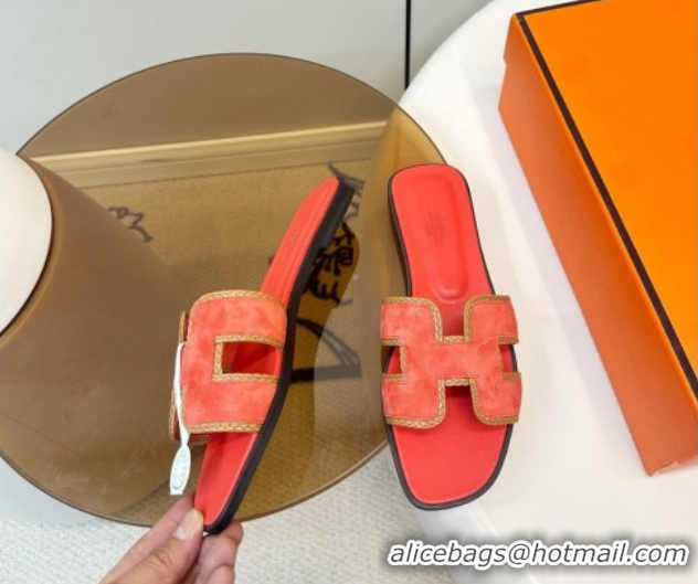 Popular Style Hermes Oran Classic Flat Slides Sandal in Suede with Braided Trim Orange 0304084