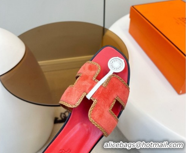 Popular Style Hermes Oran Classic Flat Slides Sandal in Suede with Braided Trim Orange 0304084