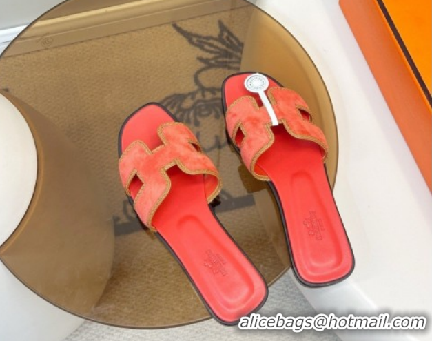 Popular Style Hermes Oran Classic Flat Slides Sandal in Suede with Braided Trim Orange 0304084