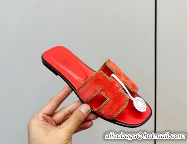 Popular Style Hermes Oran Classic Flat Slides Sandal in Suede with Braided Trim Orange 0304084