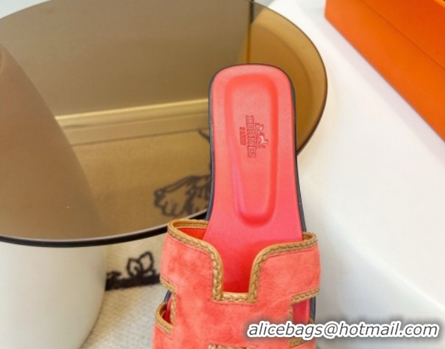 Popular Style Hermes Oran Classic Flat Slides Sandal in Suede with Braided Trim Orange 0304084