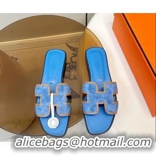 Good Quality Hermes Oran Classic Flat Slides Sandal in Suede with Braided Trim Sky Blue 0304085