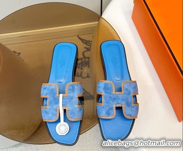 Good Quality Hermes Oran Classic Flat Slides Sandal in Suede with Braided Trim Sky Blue 0304085