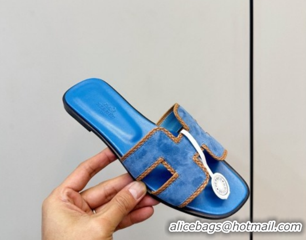 Good Quality Hermes Oran Classic Flat Slides Sandal in Suede with Braided Trim Sky Blue 0304085