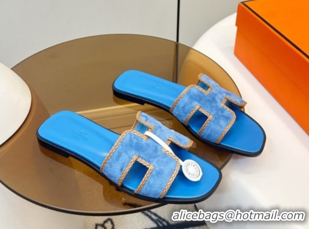 Good Quality Hermes Oran Classic Flat Slides Sandal in Suede with Braided Trim Sky Blue 0304085