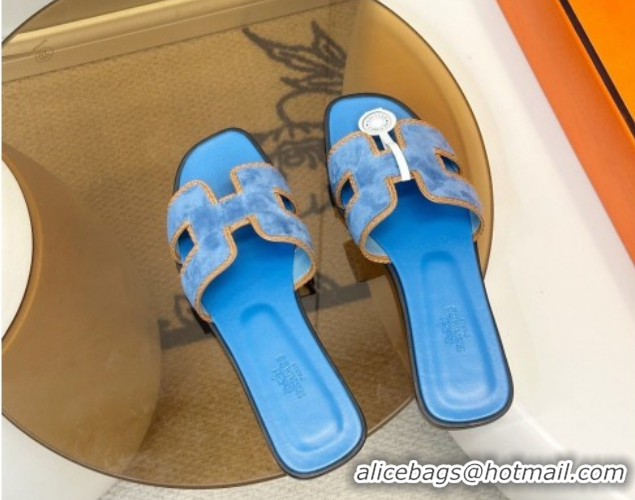 Good Quality Hermes Oran Classic Flat Slides Sandal in Suede with Braided Trim Sky Blue 0304085