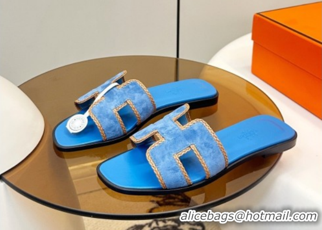 Good Quality Hermes Oran Classic Flat Slides Sandal in Suede with Braided Trim Sky Blue 0304085