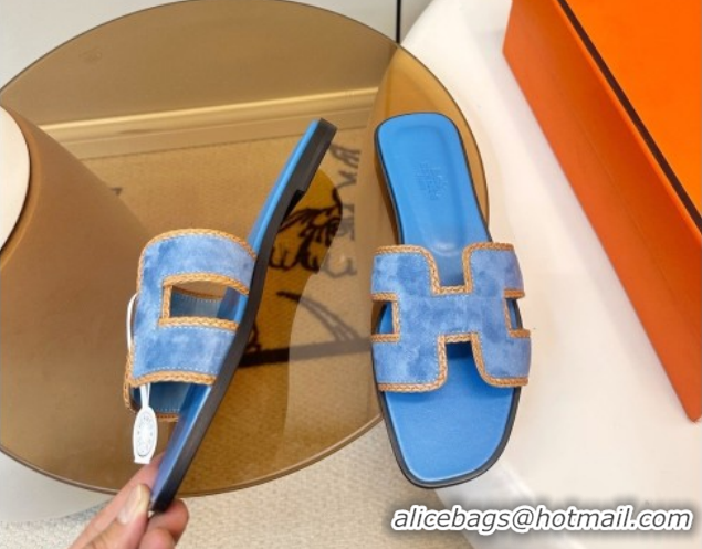 Good Quality Hermes Oran Classic Flat Slides Sandal in Suede with Braided Trim Sky Blue 0304085