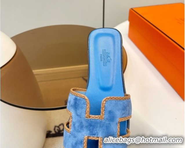 Good Quality Hermes Oran Classic Flat Slides Sandal in Suede with Braided Trim Sky Blue 0304085