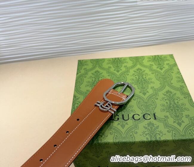 Top Quality Gucci Double G Leather Belt 3cm with Round Pin Buckle 633125 Brown/Silver 2025