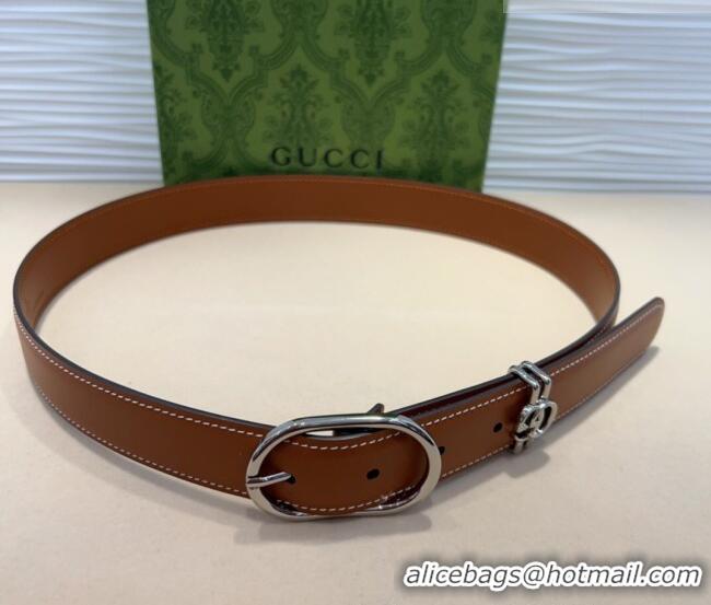 Top Quality Gucci Double G Leather Belt 3cm with Round Pin Buckle 633125 Brown/Silver 2025