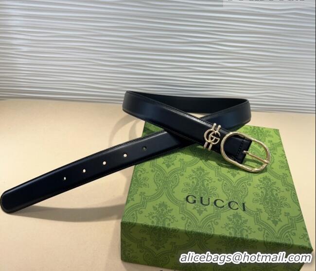 Top Design Gucci Double G Leather Belt 3cm with Round Pin Buckle 633125 Black/Gold 2025