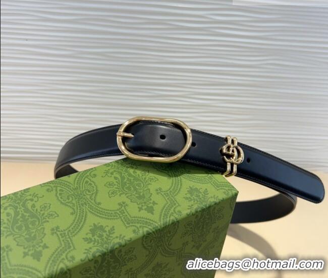 Top Design Gucci Double G Leather Belt 3cm with Round Pin Buckle 633125 Black/Gold 2025