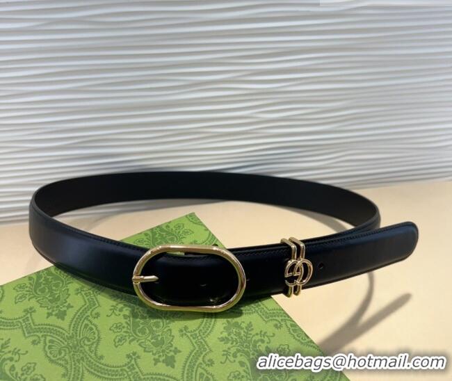 Top Design Gucci Double G Leather Belt 3cm with Round Pin Buckle 633125 Black/Gold 2025