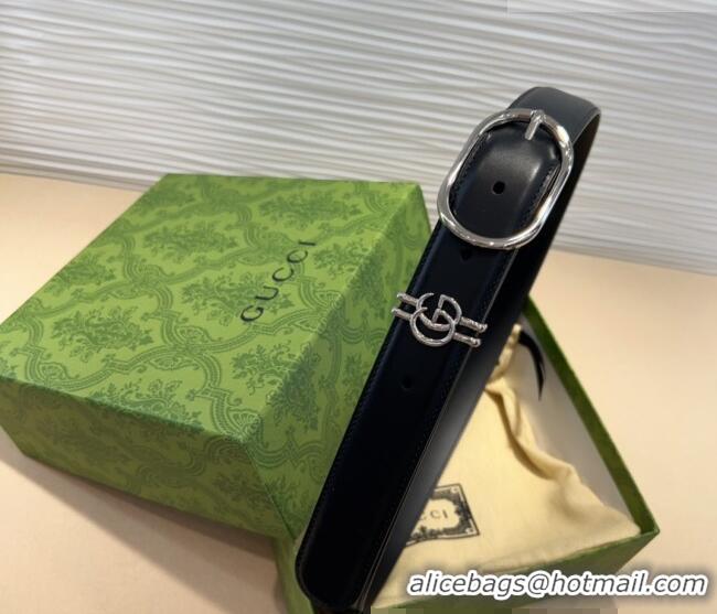 Luxury Cheap Gucci Double G Leather Belt 3cm with Round Pin Buckle 633125 Black/Silver 2025