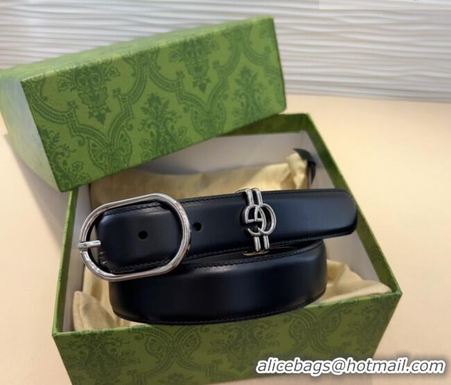 Luxury Cheap Gucci Double G Leather Belt 3cm with Round Pin Buckle 633125 Black/Silver 2025