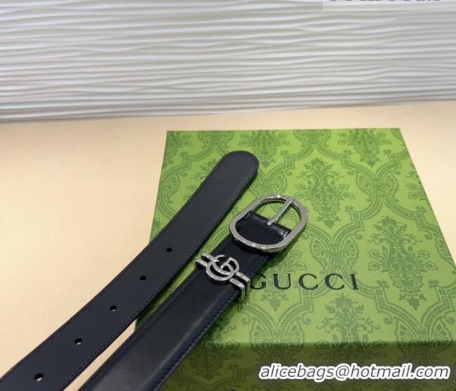 Luxury Cheap Gucci Double G Leather Belt 3cm with Round Pin Buckle 633125 Black/Silver 2025