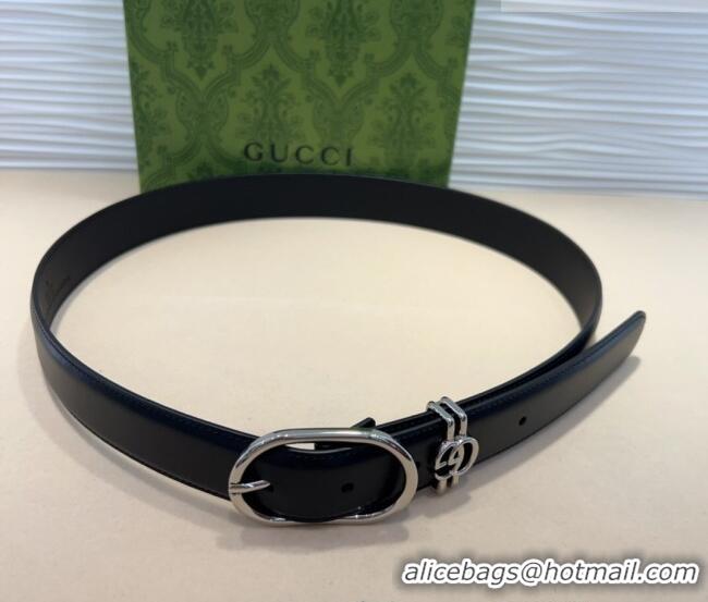 Luxury Cheap Gucci Double G Leather Belt 3cm with Round Pin Buckle 633125 Black/Silver 2025