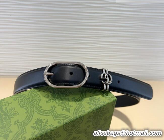 Luxury Cheap Gucci Double G Leather Belt 3cm with Round Pin Buckle 633125 Black/Silver 2025