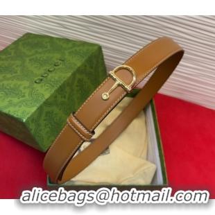Luxury Cheap Gucci Thin Belt 2.5cm with Half-Horsebit Buckle in Leather 0912 Brown/Gold 2025