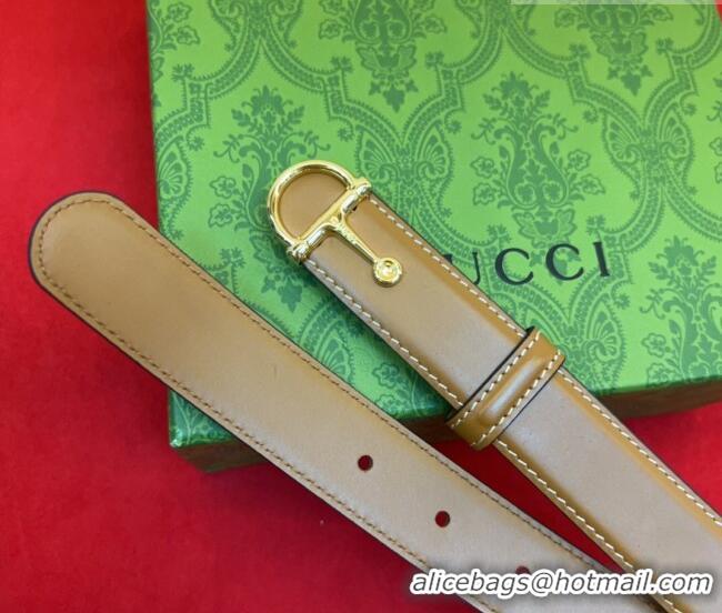 Luxury Cheap Gucci Thin Belt 2.5cm with Half-Horsebit Buckle in Leather 0912 Brown/Gold 2025