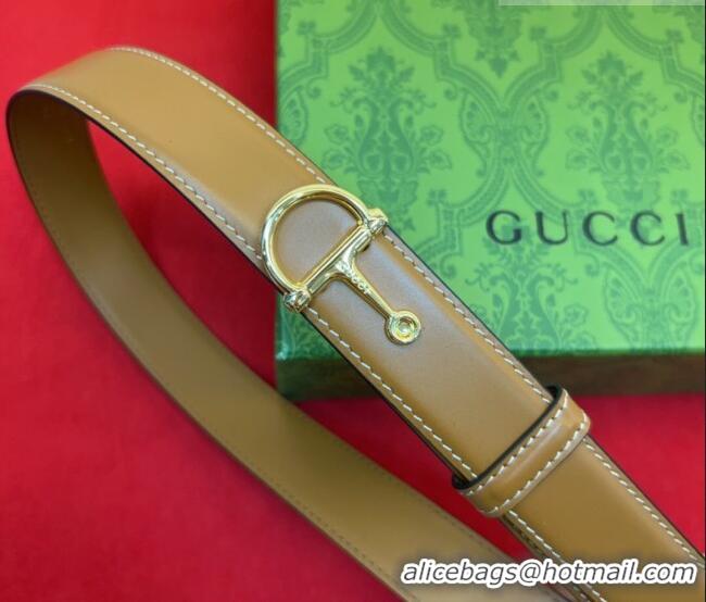 Luxury Cheap Gucci Thin Belt 2.5cm with Half-Horsebit Buckle in Leather 0912 Brown/Gold 2025