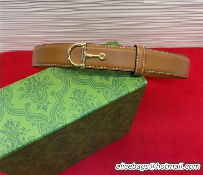 Luxury Cheap Gucci Thin Belt 2.5cm with Half-Horsebit Buckle in Leather 0912 Brown/Gold 2025