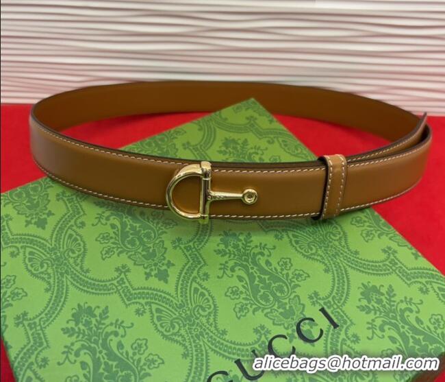 Luxury Cheap Gucci Thin Belt 2.5cm with Half-Horsebit Buckle in Leather 0912 Brown/Gold 2025