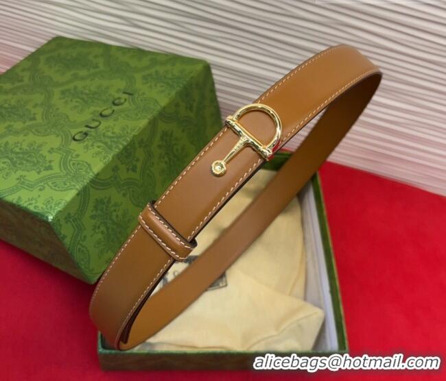 Luxury Cheap Gucci Thin Belt 2.5cm with Half-Horsebit Buckle in Leather 0912 Brown/Gold 2025