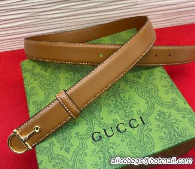 Luxury Cheap Gucci Thin Belt 2.5cm with Half-Horsebit Buckle in Leather 0912 Brown/Gold 2025