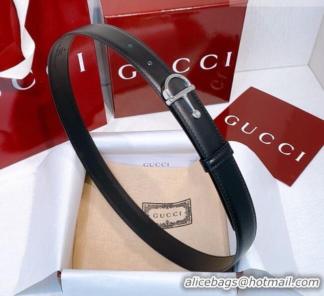 Buy Fashionable Gucci Thin Belt 2.5cm with Half-Horsebit Buckle in Leather 0912 Black/Silver 2025