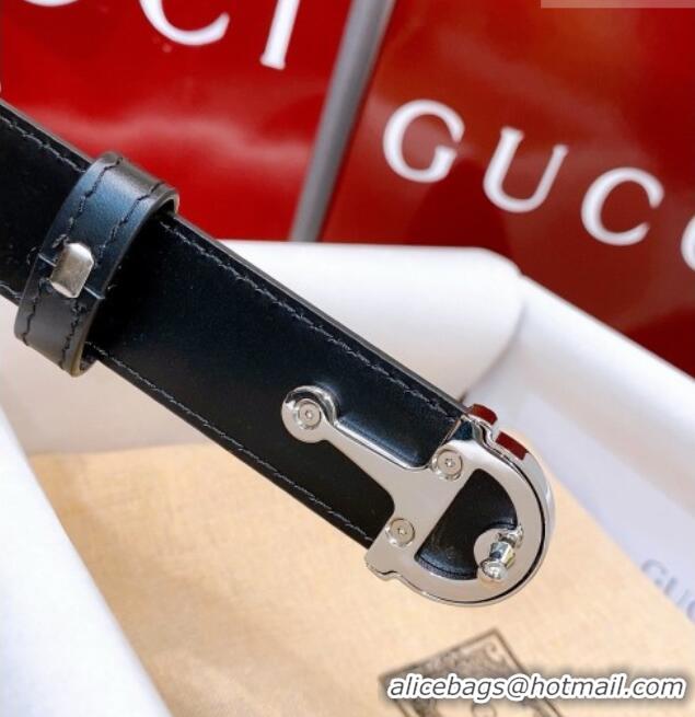 Buy Fashionable Gucci Thin Belt 2.5cm with Half-Horsebit Buckle in Leather 0912 Black/Silver 2025