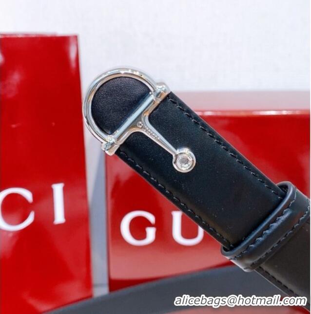 Buy Fashionable Gucci Thin Belt 2.5cm with Half-Horsebit Buckle in Leather 0912 Black/Silver 2025