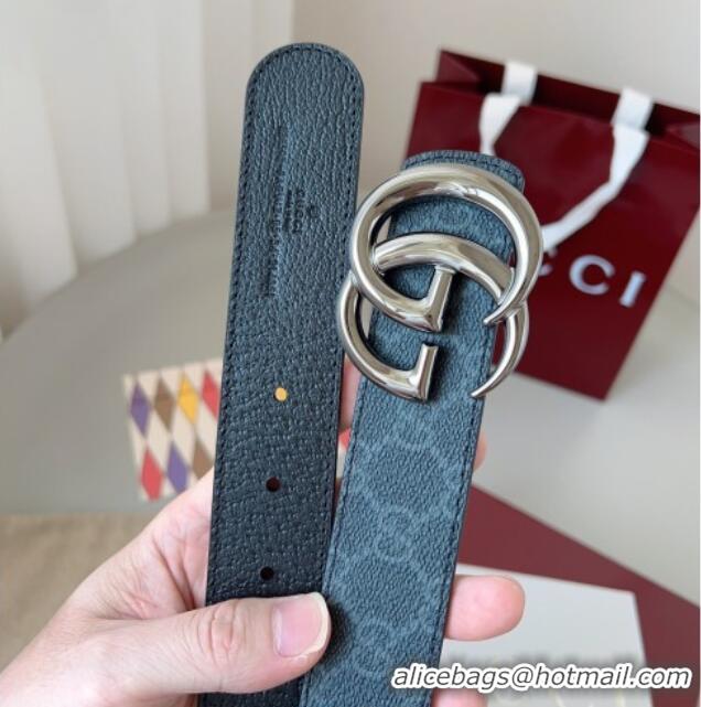 New Cheap Gucci GG Leather Belt 3.5cm GG091201 Black/Silver Grey 2025