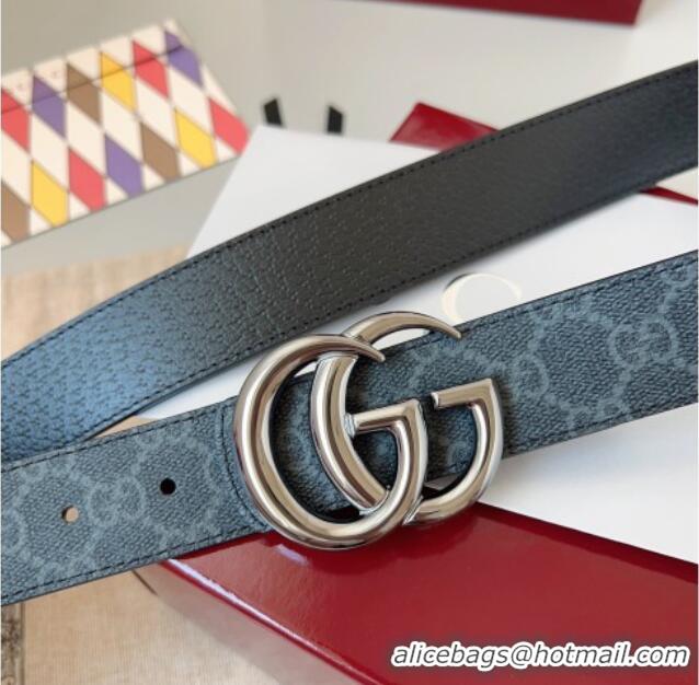 New Cheap Gucci GG Leather Belt 3.5cm GG091201 Black/Silver Grey 2025