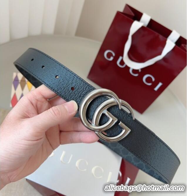 New Cheap Gucci GG Leather Belt 3.5cm GG091201 Black/Silver Grey 2025