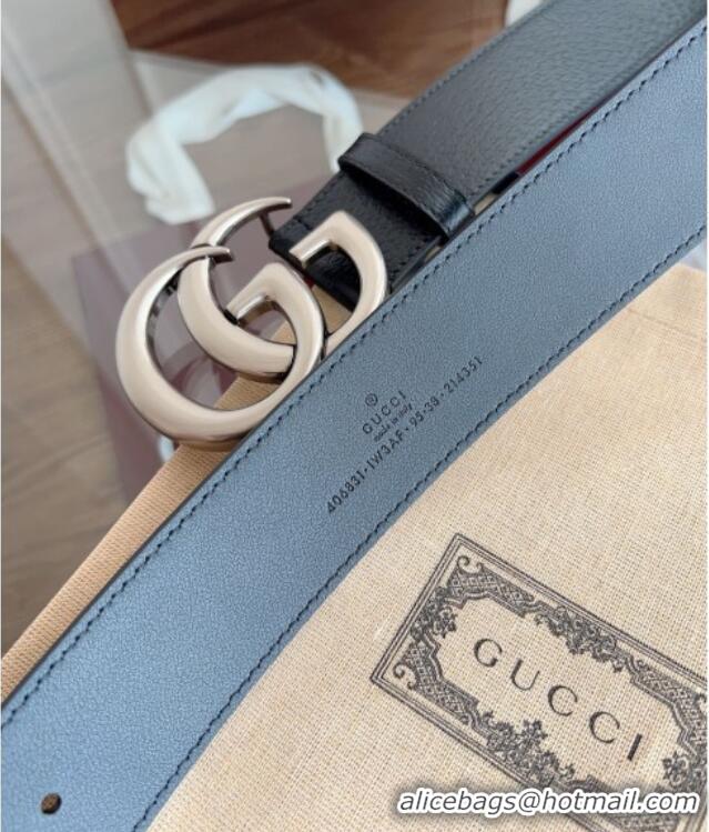 Best Price Gucci Grained Calfskin Belt 4cm G111734 Black/Silver 2025