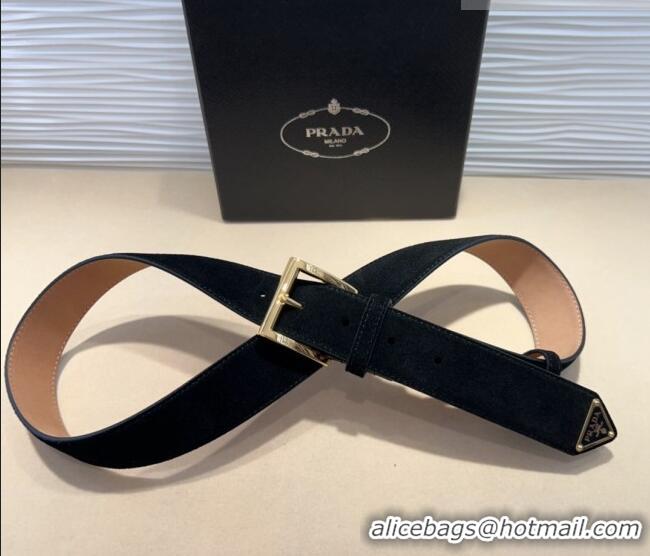 Good Taste Prada Suede Belt 3.5cm with Gold Pin Buckle 1127 Black 2024