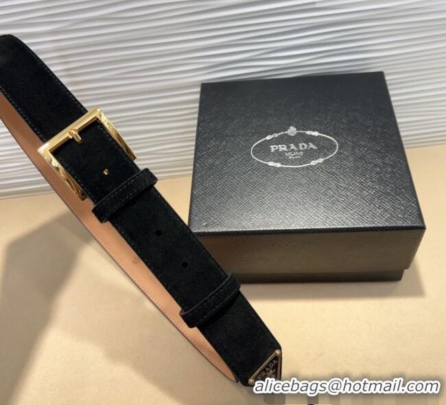 Good Taste Prada Suede Belt 3.5cm with Gold Pin Buckle 1127 Black 2024