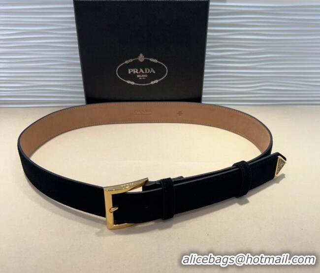 Good Taste Prada Suede Belt 3.5cm with Gold Pin Buckle 1127 Black 2024