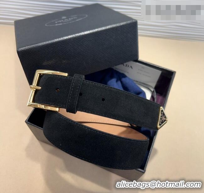 Good Taste Prada Suede Belt 3.5cm with Gold Pin Buckle 1127 Black 2024