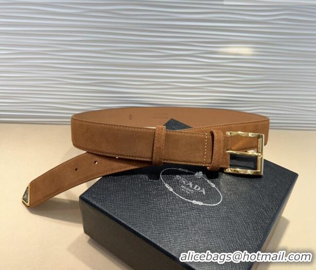 Super Quality Prada Suede Belt 3.5cm with Gold Pin Buckle 1127 Brown 2024
