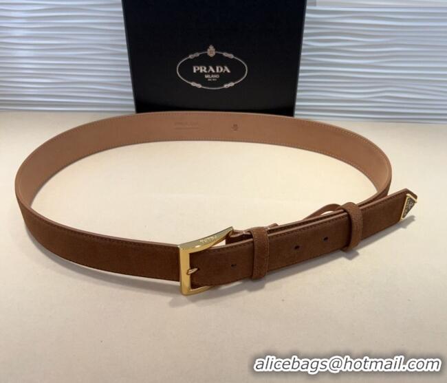 Super Quality Prada Suede Belt 3.5cm with Gold Pin Buckle 1127 Brown 2024